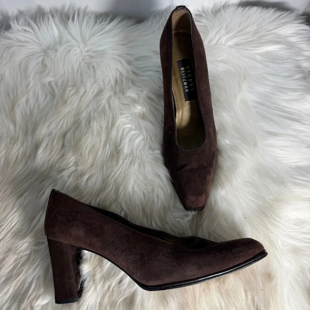 Stuart Weitzman Brown Suede Square Toe Block Heel Pumps S 237493 Size 7.5 B